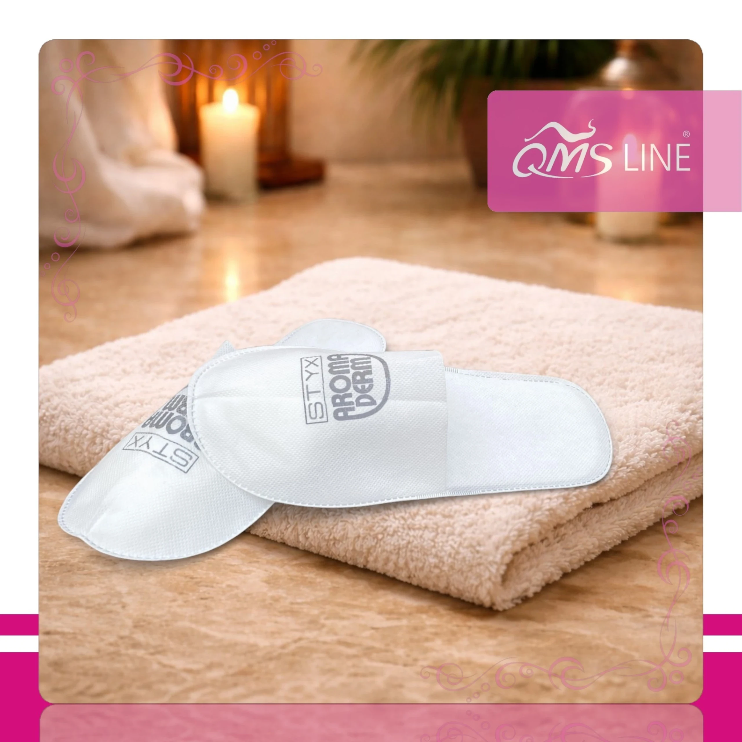 Kapcie jednorazowe włókninowe z Twoim logo białe pakowane zbiorczo QMS Line Silver – personalizowane kapcie do hoteli, SPA i salonów beauty - obrazek 2