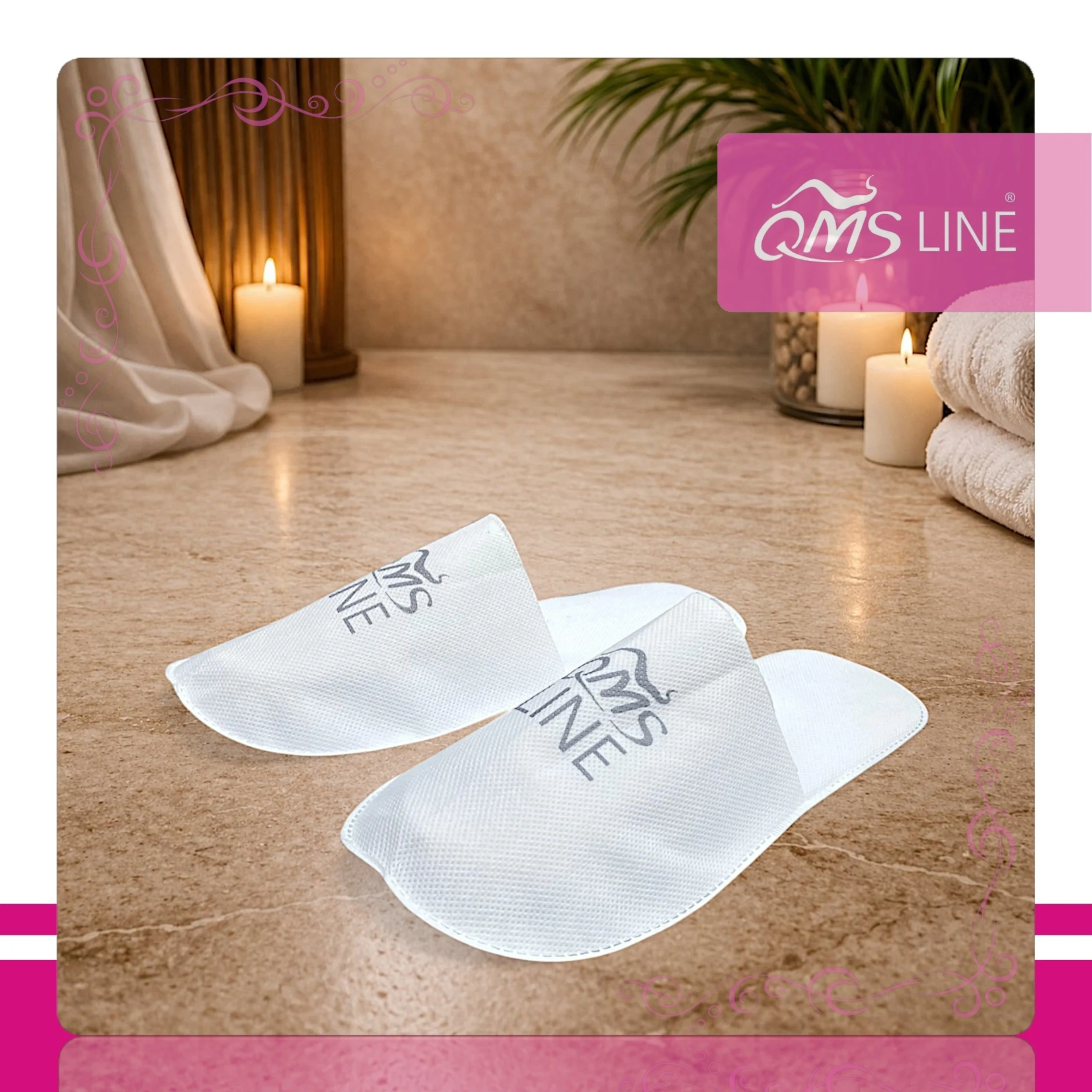 Kapcie jednorazowe włókninowe z Twoim logo białe pakowane zbiorczo QMS Line Silver – personalizowane kapcie do hoteli, SPA i salonów beauty - obrazek 4