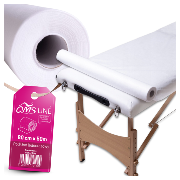 Podkład kosmetyczny włókninowy jednorazowy łamany 80 cm × 50 m 18 g QMS Line Standard – praktyczne zabezpieczenie leżanek i stanowisk zabiegowych