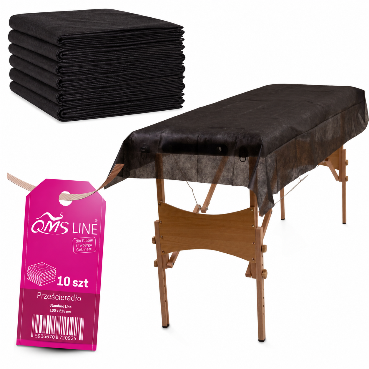 Prześcieradło włókninowe jednorazowe składane czarne 100 × 215 cm 18 g QMS Line Standard 10 szt. – elegancka ochrona szerszych leżanek i stanowisk zabiegowych