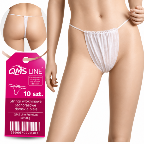 Stringi włókninowe jednorazowe damskie białe L QMS Line Premium 60/70 g 10 szt. – pakowane zbiorczo, wygodna bielizna ochronna do zabiegów