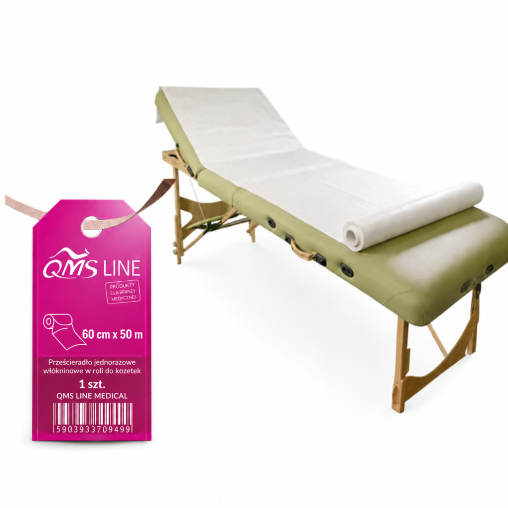 Podkład jednorazowy włókninowy podfoliowany 80 cm × 50 m QMS Line Standard – mocniejsza ochrona leżanek, foteli i stołów zabiegowych