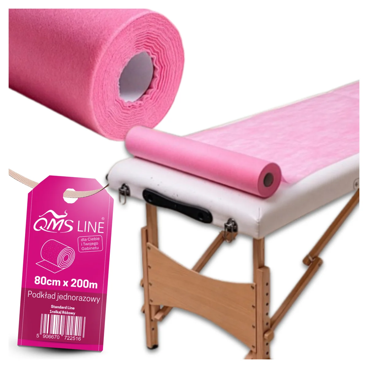 Podkład kosmetyczny włókninowy różowy 80 cm × 200 m 18 g QMS Line Standard – estetyczna ochrona stanowiska z perforacją co 33 cm