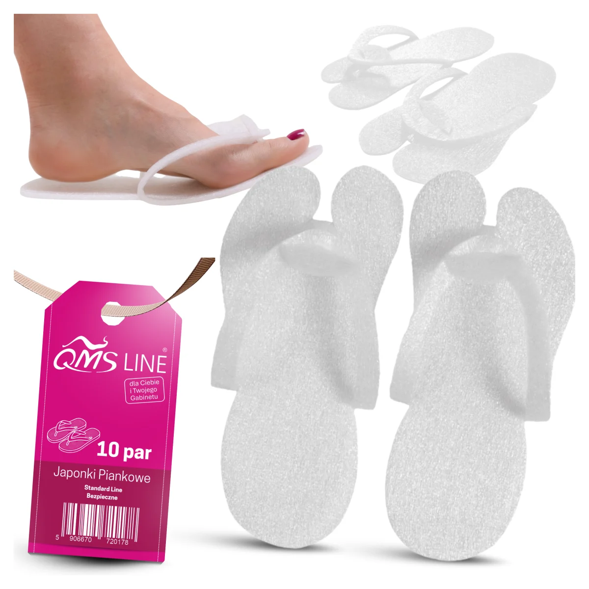 Klapki jednorazowe piankowe do pedicure białe QMS Line Standard 10 par – higiena, wygoda i czyste zakończenie zabiegu