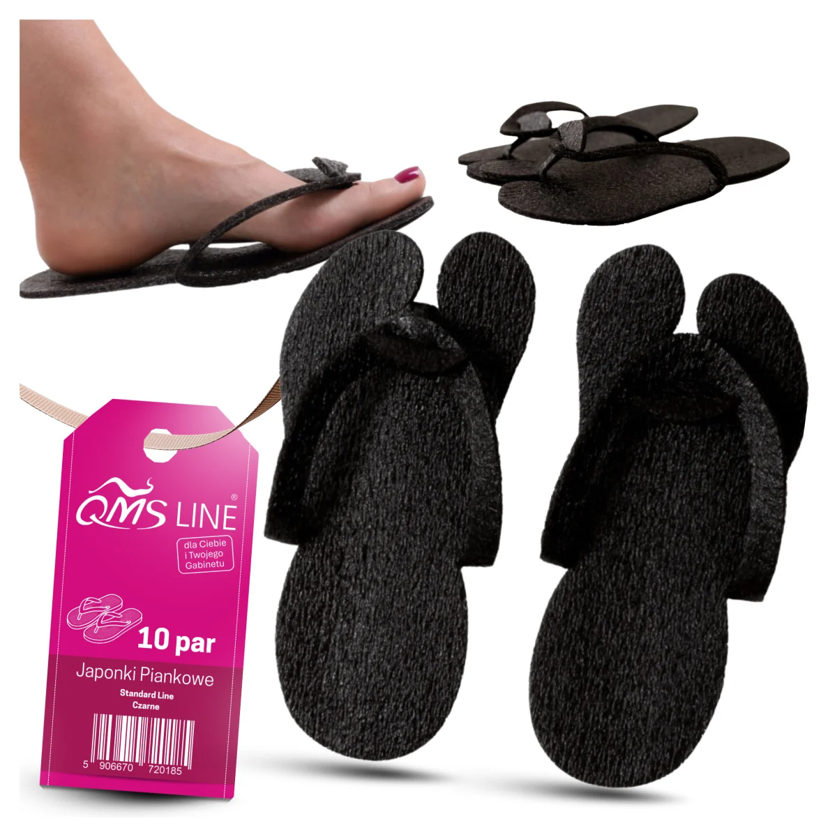 Klapki jednorazowe piankowe do pedicure czarne QMS Line Standard 10 par – higiena, wygoda i eleganckie zakończenie zabiegu