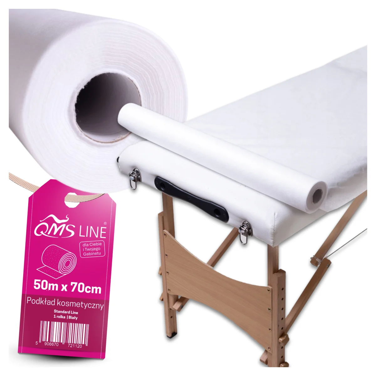Podkład kosmetyczny włókninowy jednorazowy 70 cm × 50 m 18 g QMS Line Standard – higieniczne zabezpieczenie leżanek i stanowisk zabiegowych
