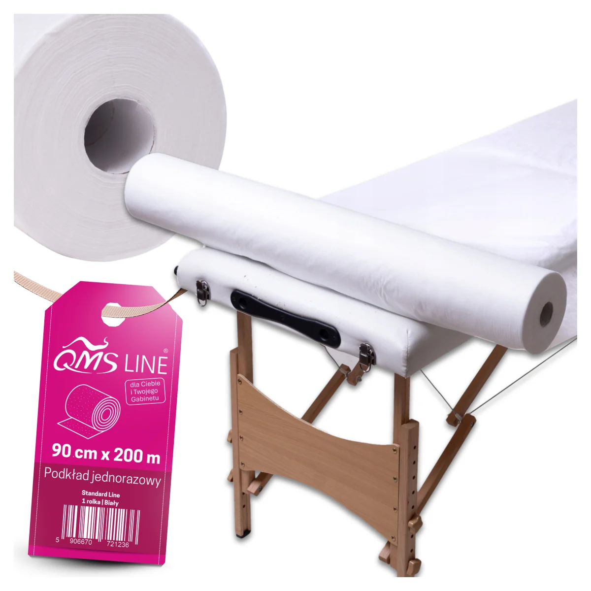 Podkład kosmetyczny włókninowy jednorazowy 90 cm × 200 m 16 g QMS Line Standard – 100 gotowych odcinków z perforacją co 2 m