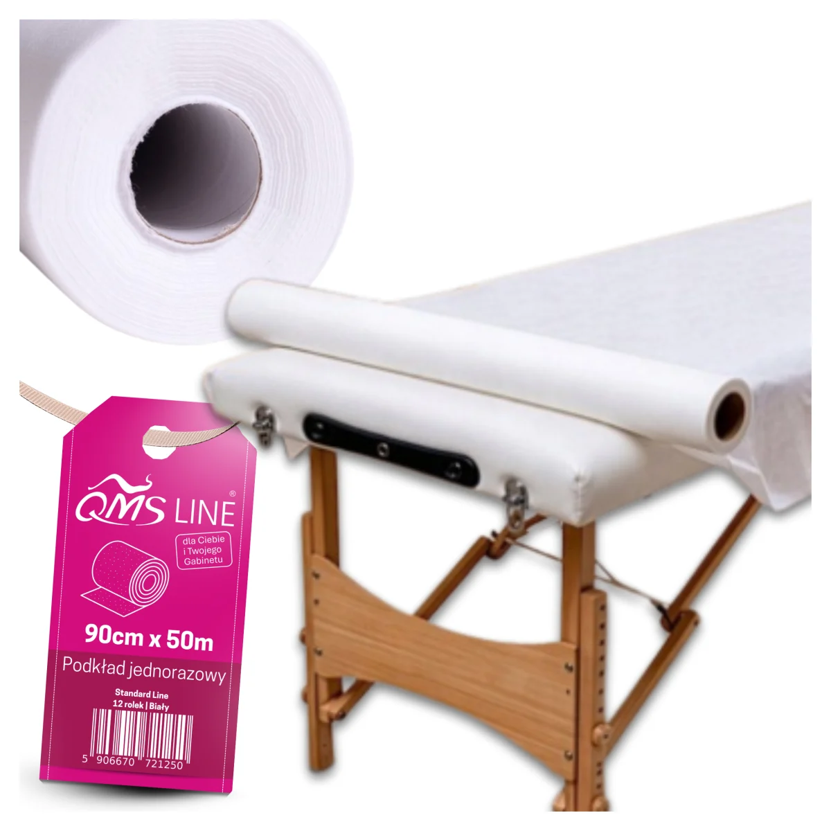 Podkład kosmetyczny włókninowy jednorazowy 90 cm × 50 m 18 g QMS Line Standard – większa ochrona leżanek, foteli i stołów zabiegowych