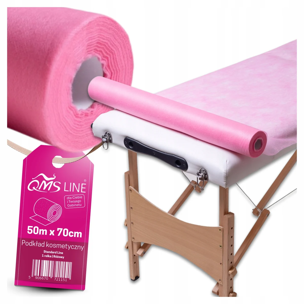 Podkład kosmetyczny włókninowy jednorazowy różowy 70 cm × 50 m 18 g QMS Line Standard – higiena, komfort i delikatna estetyka stanowiska