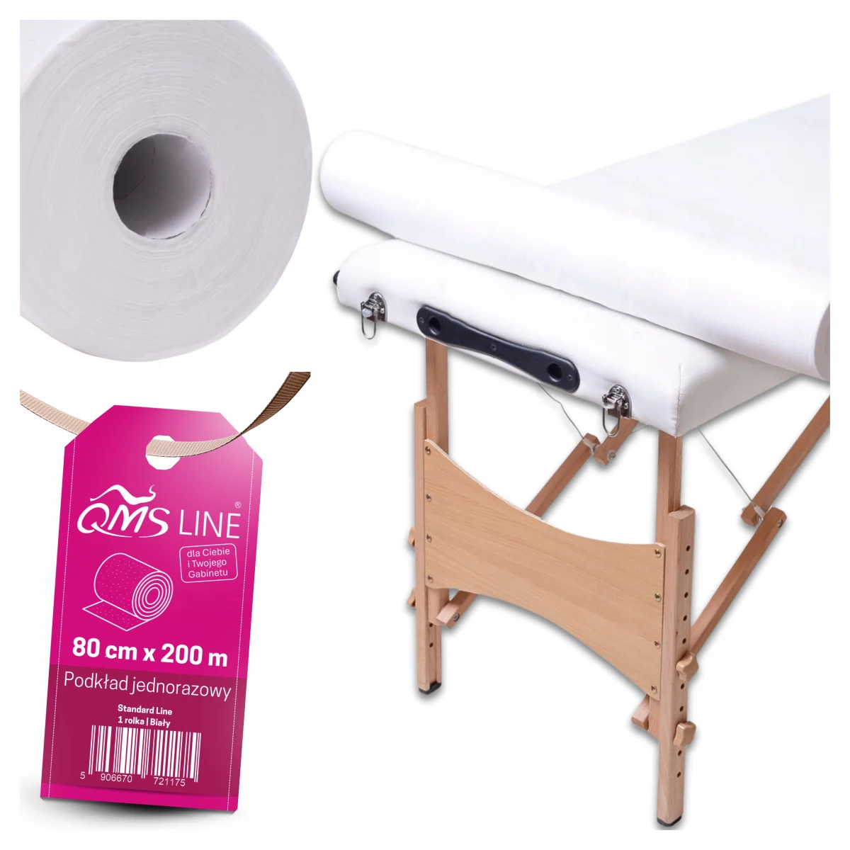 Podkład kosmetyczny włókninowy jednorazowy 80 cm × 200 m 18 g QMS Line Standard z perforacją co 33 cm – wygodne odcinki do różnych zastosowań