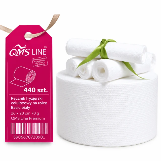 Ręcznik fryzjerski celulozowy na rolce Basic biały 26 × 20 cm 70 g – wygodne listki do salonu | 440 szt. QMS Line Premium